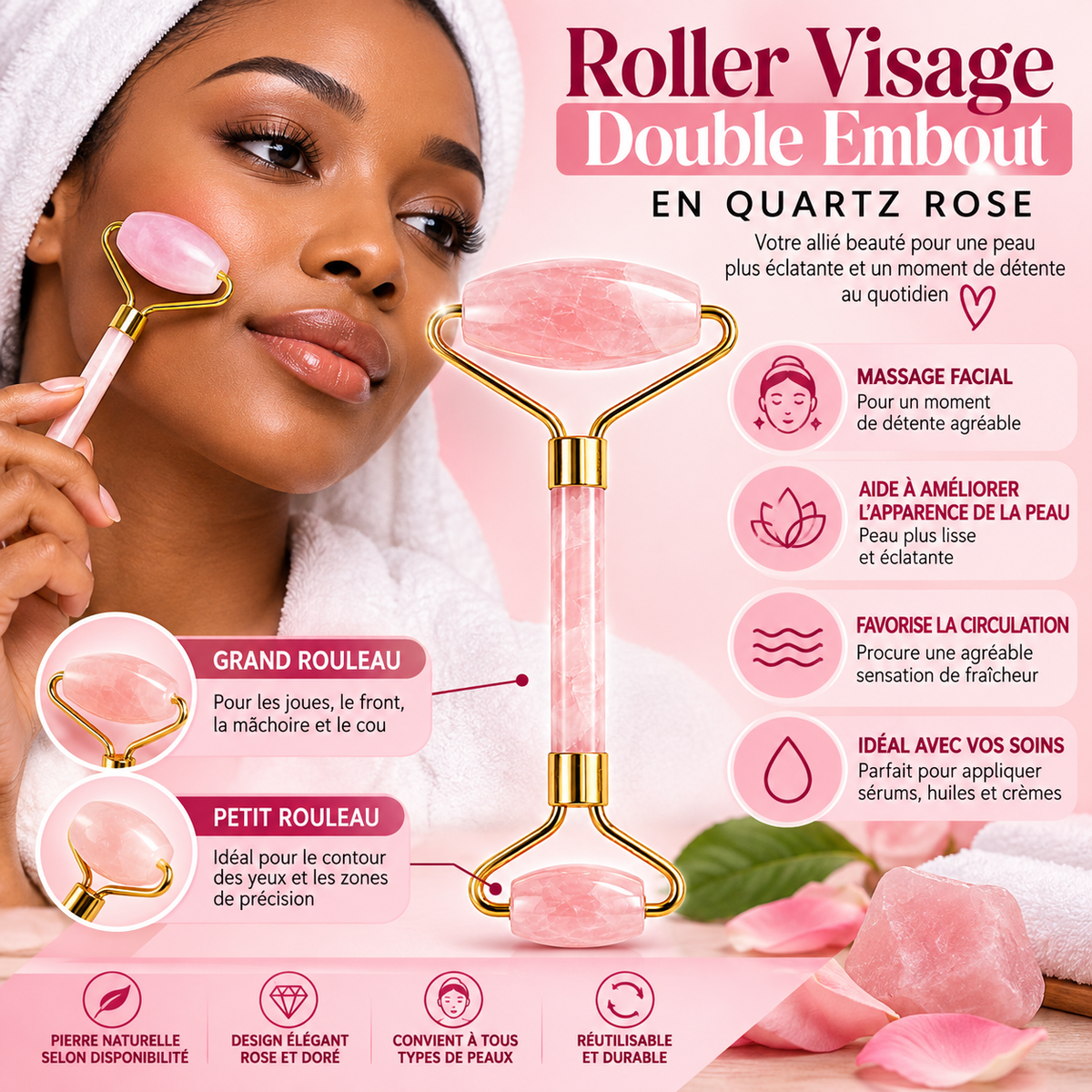 Roller Visage Double Embout en Quartz Rose – Rouleau de Massage Facial