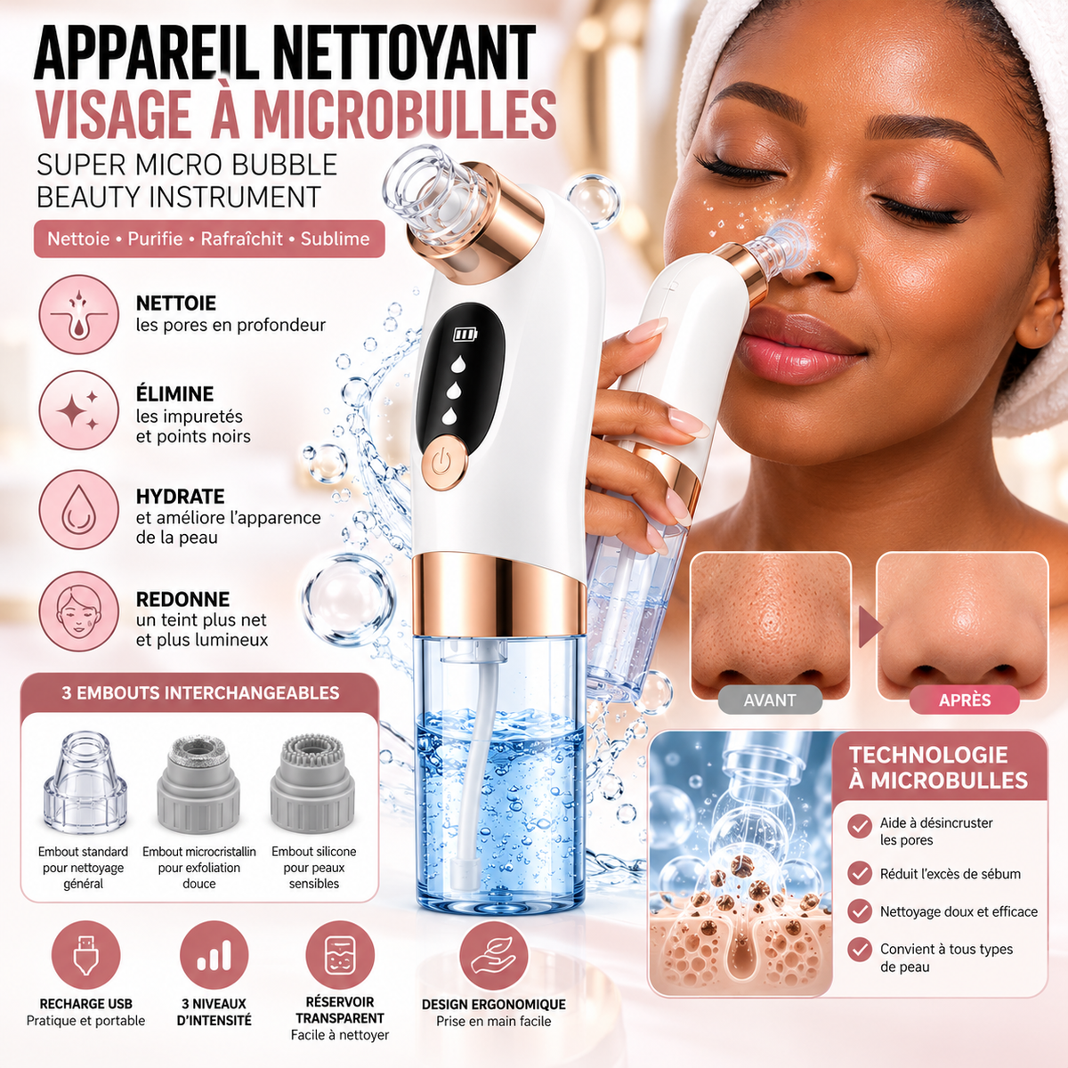 Appareil Nettoyant Visage à Microbulles – Aspirateur de Pores et Points Noirs Rechargeable USB