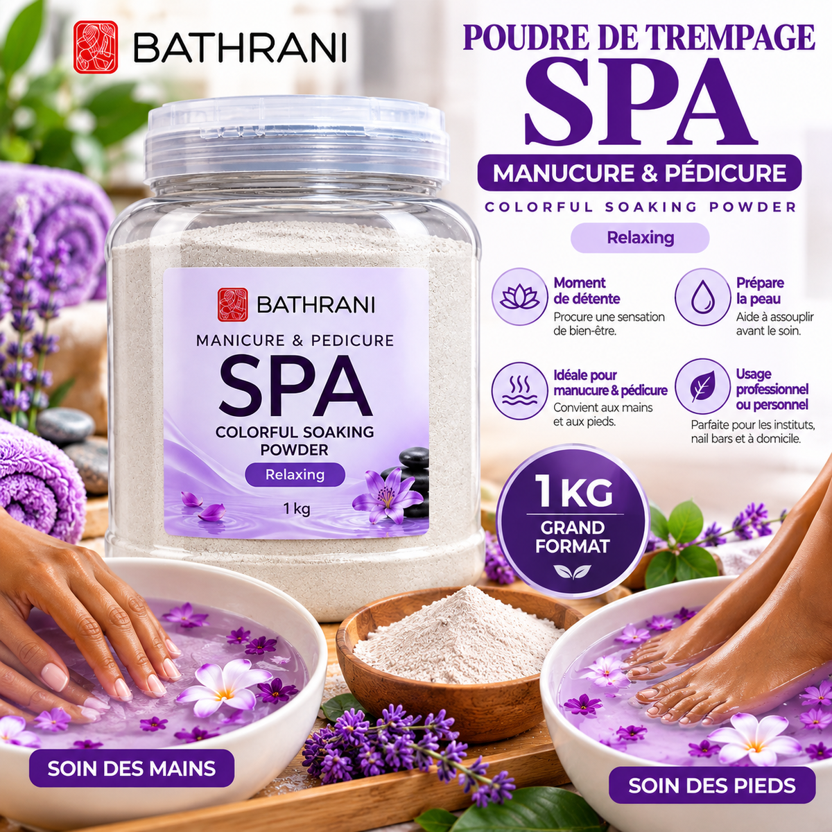 BATHRANI Poudre de Trempage SPA Manucure & Pédicure Relaxing – 1 kg
