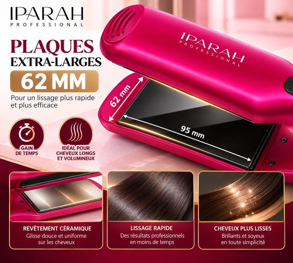 IPARAH P-120R – Lisseur Professionnel à Plaques Extra-Larges 62 mm en Céramique – Écran Digital – Rose Fuchsia