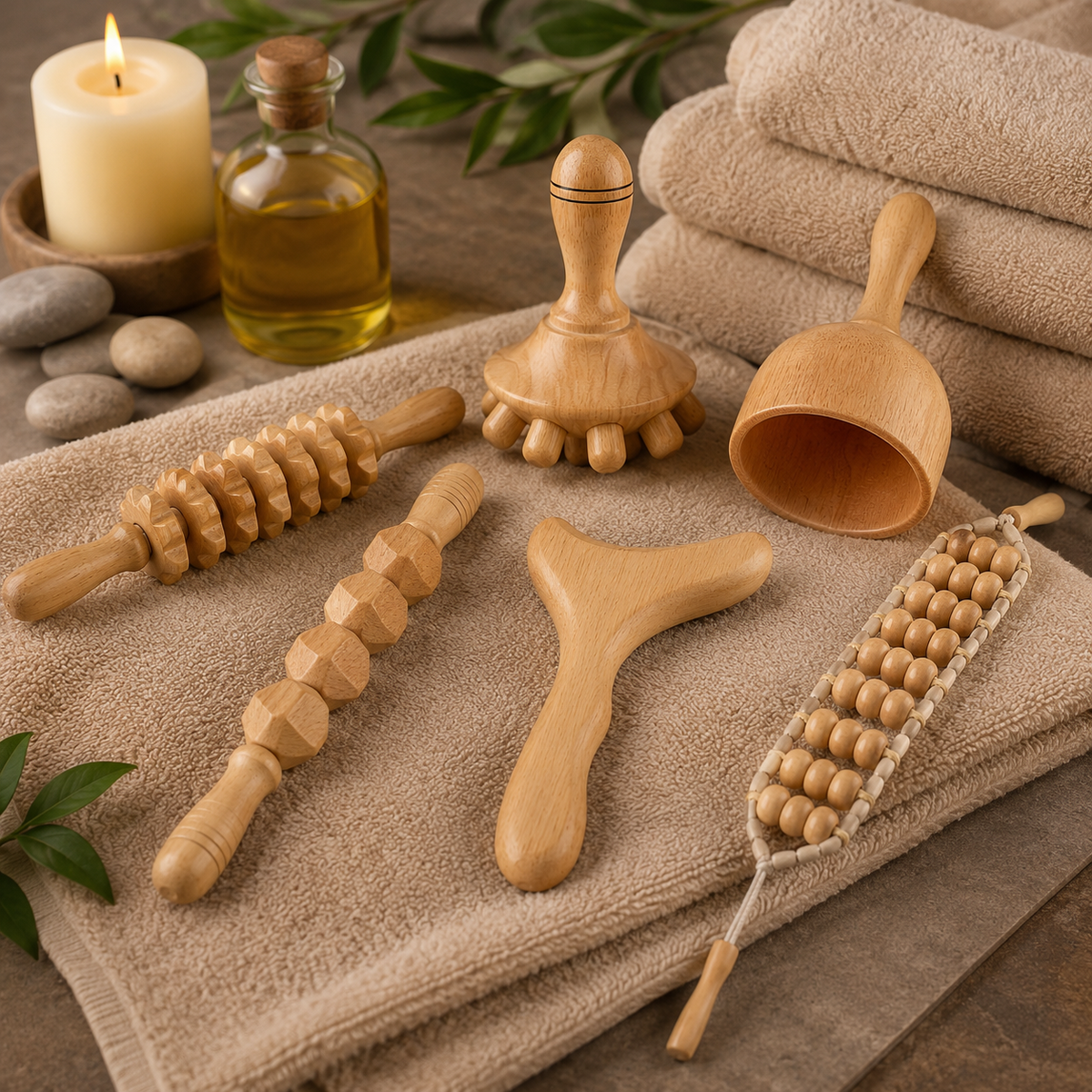 Kit Professionnel de Madérothérapie en Bois de Hêtre – 6 Pièces pour Massage & Modelage Corporel