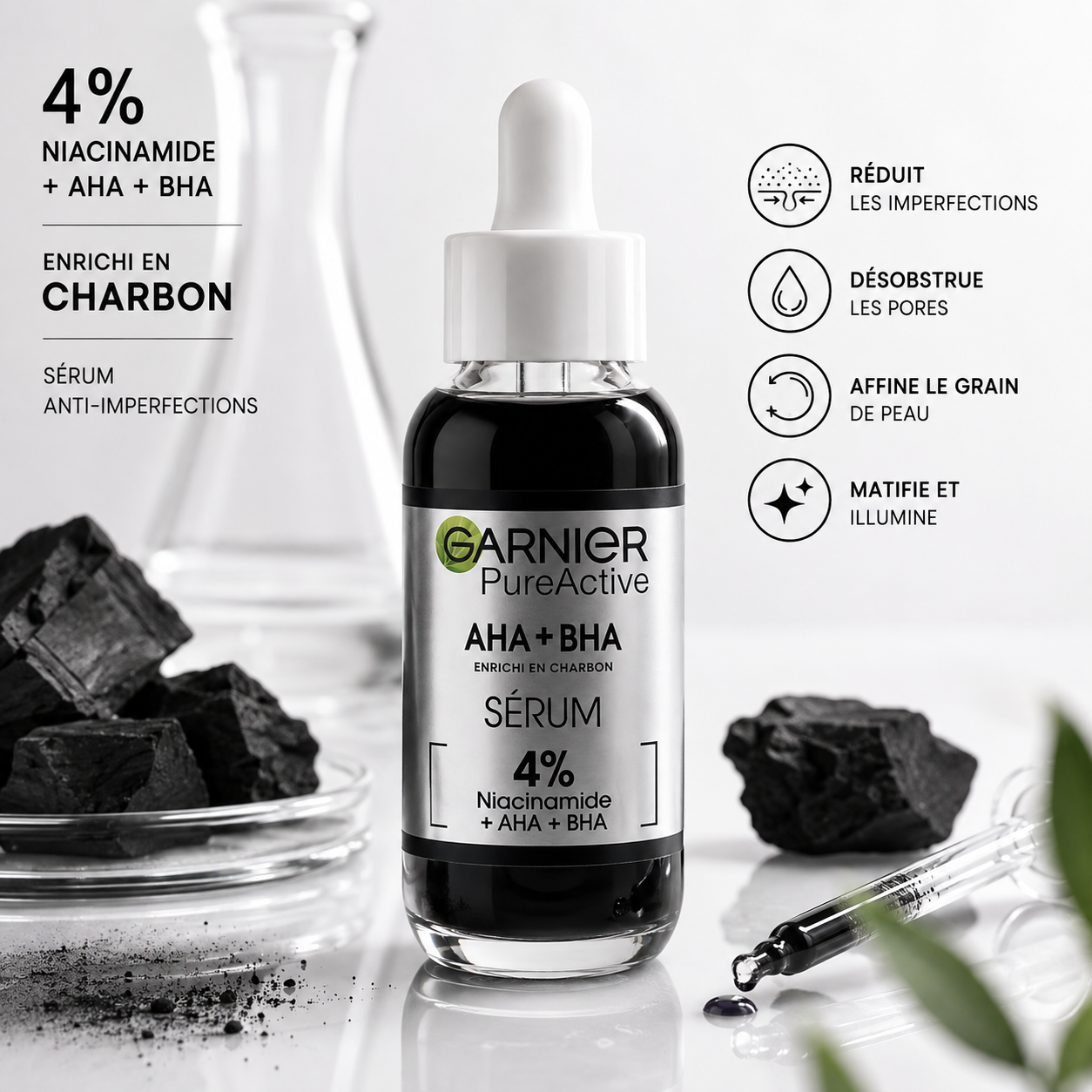 Garnier Pure Active Sérum Anti-Imperfections AHA + BHA au Charbon – 30 ml