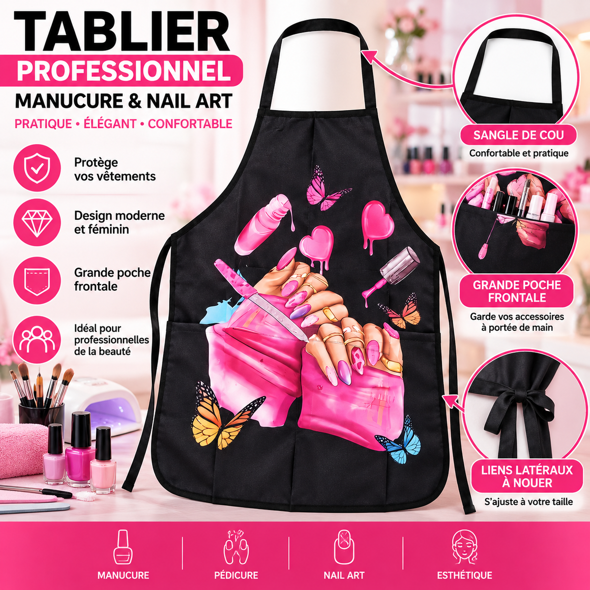 Tablier Prothésiste Ongulaire Noir avec Poche – Manucure, Pédicure &amp; Nail Art