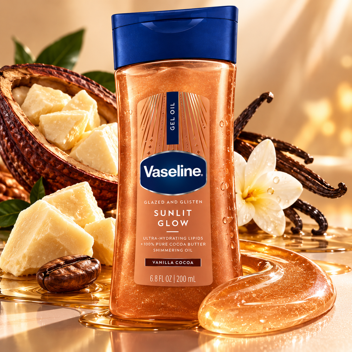 Vaseline Glazed & Glisten Sunlit Glow – Gel-Huile Corporel Hydratant au Beurre de Cacao – Vanilla Cocoa – 200 ml