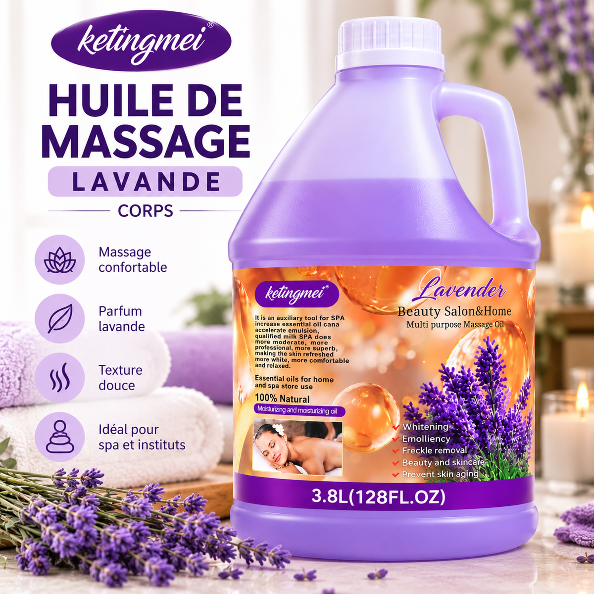 Ketingmei Huile de Massage Corps à la Lavande – Grand Format 3,8 L