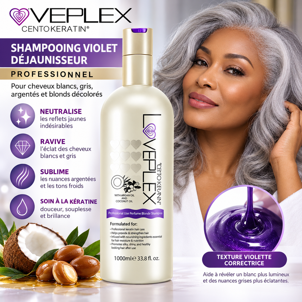 VEPLEX Pro Keratin – Shampooing Violet Déjaunisseur Professionnel – 1000 ml