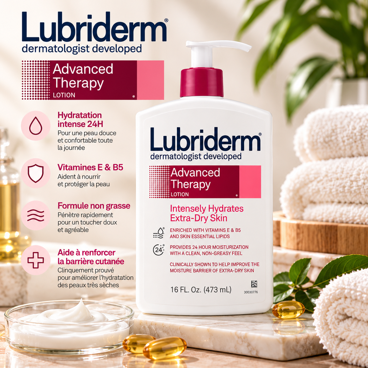 LUBRIDERM Advanced Therapy Lotion – Lait Corporel Hydratation Intense 24H pour Peaux Très Sèches – 473 ml