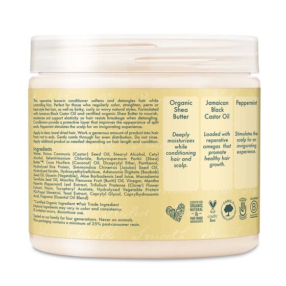 SheaMoisture - Jamaican Black Castor Oil Strengthen & Restore Leave-In Conditioner - Après-shampooing sans rinçage pour cheveux abîmés à l'Huile de ricin noire jamaïcaine - Adoucir & Démêler les cheveux  - 454 g