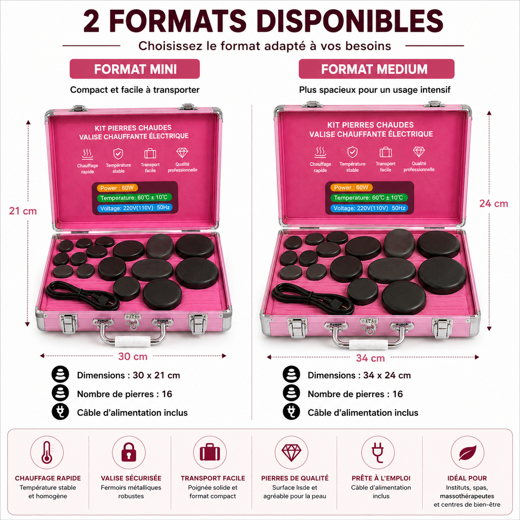 Kit de 16 Pierres Chaudes avec Valise Chauffante Électrique – Massage Spa