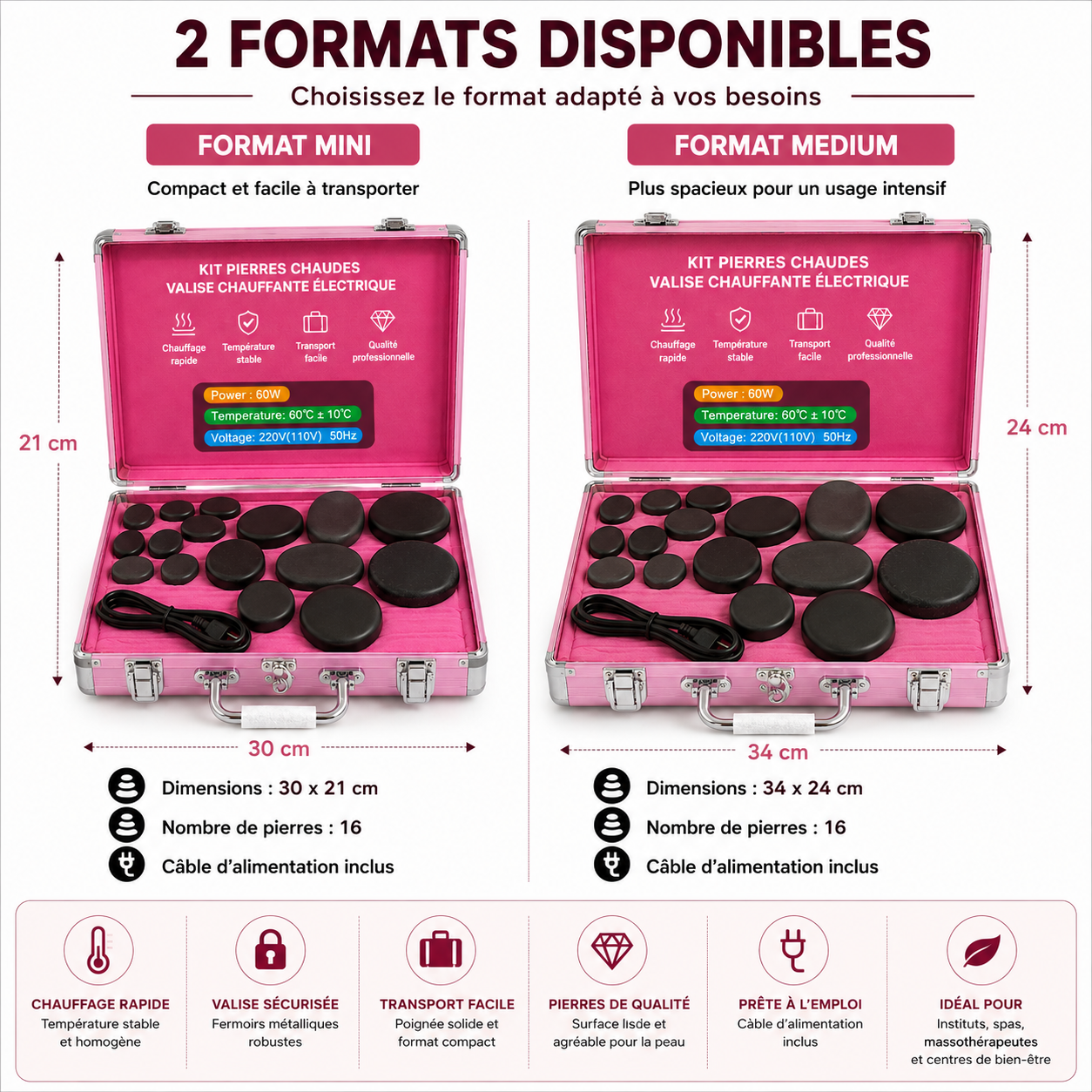 Kit de 16 Pierres Chaudes avec Valise Chauffante Électrique – Massage Spa