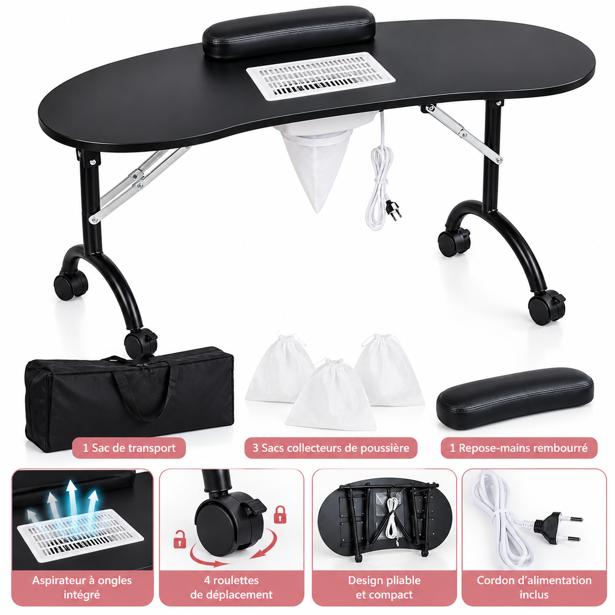 Table De Manucure Professionnelle Pliante Avec Aspirateur À Ongles Intégré, Repose-Mains, Roulettes Et Sac De Transport
