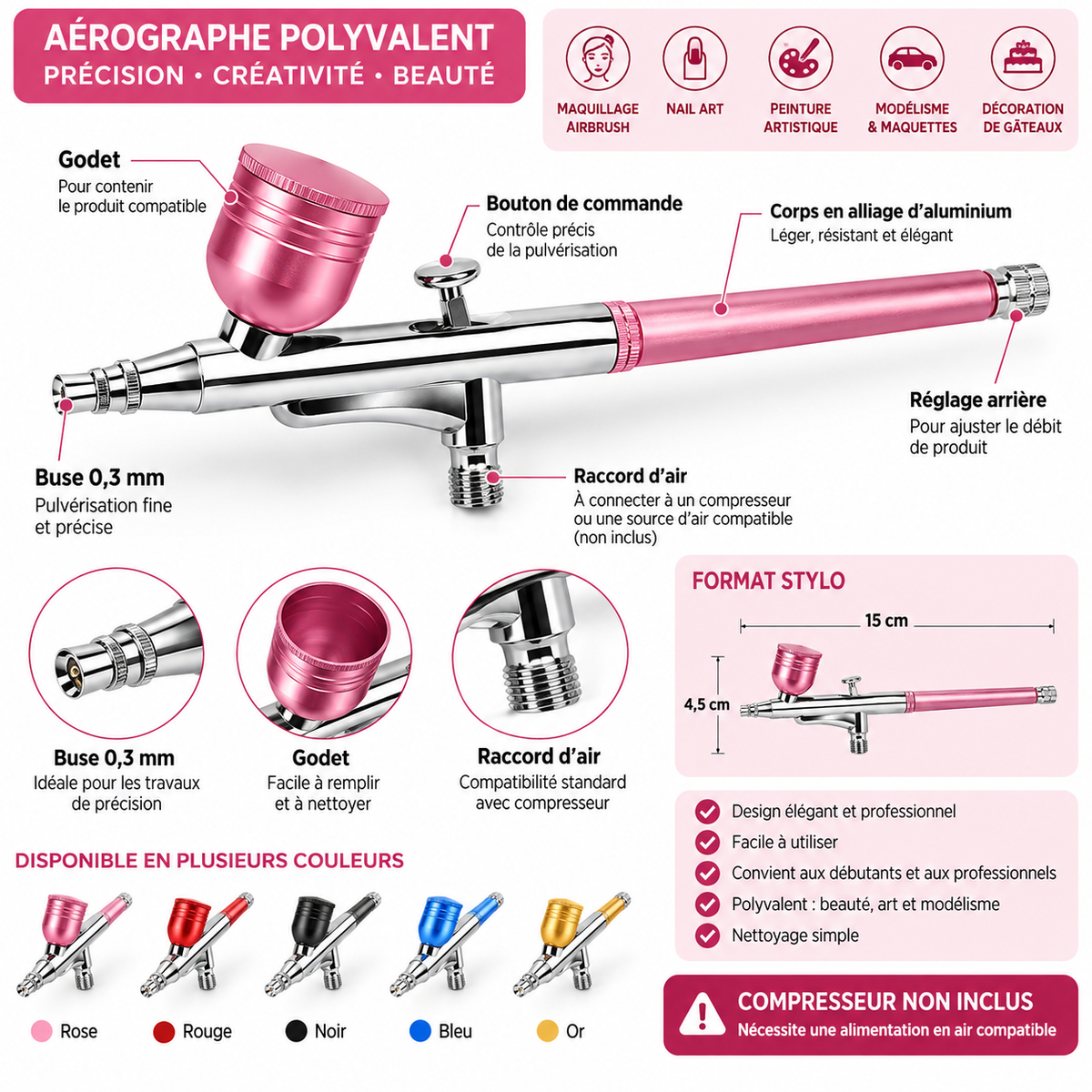 Aérographe Haute Pression 0,3 mm avec Godet – Airbrush Maquillage, Nail Art & Peinture