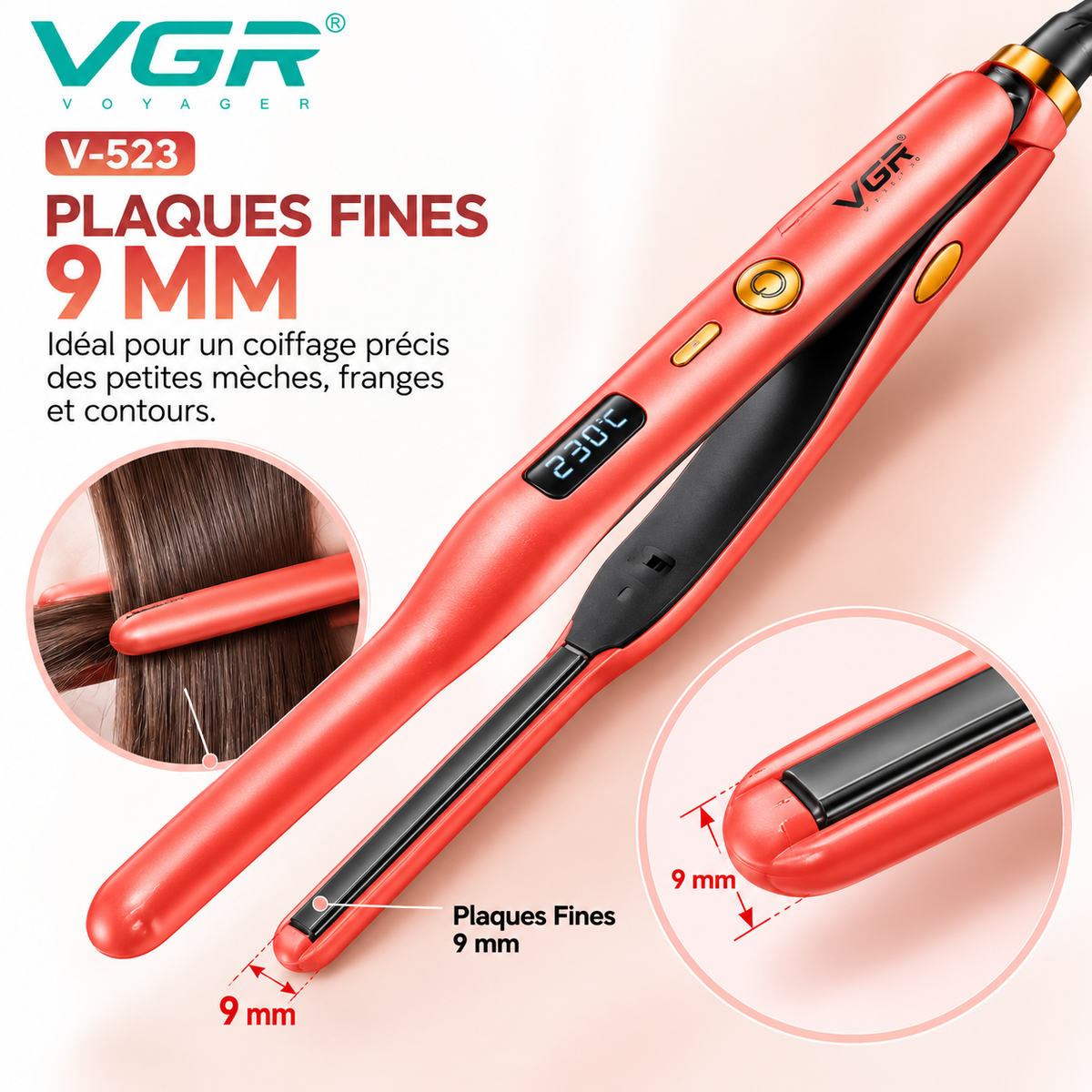 VGR V-523 – Lisseur Professionnel Céramique à Plaques Fines 9 mm, Température Réglable 120–230 °C, Écran LED – Rose Gold