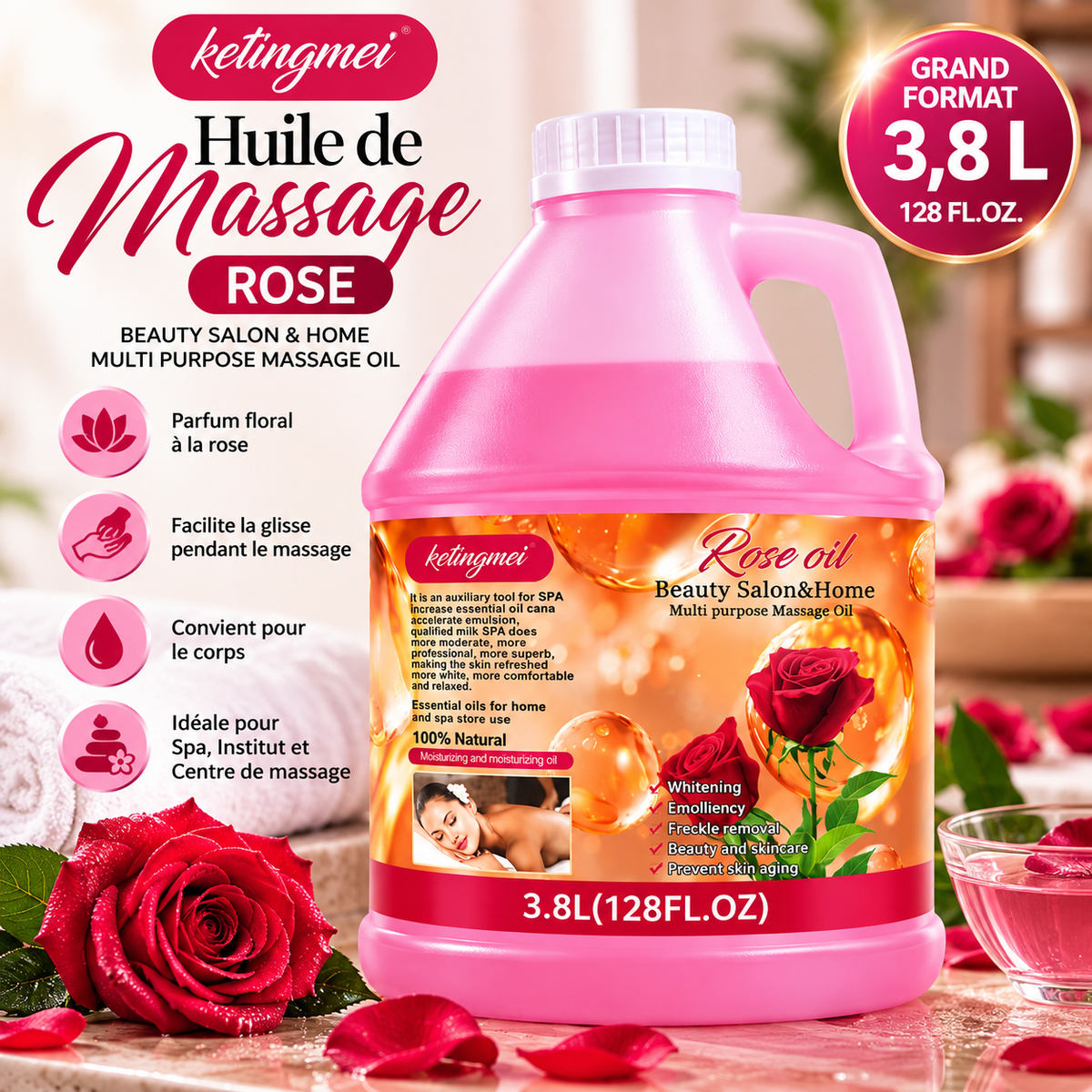 Ketingmei Huile de Massage Corps à la Rose – Grand Format Professionnel 3,8 L