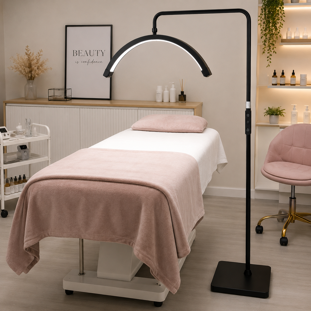 Lampe LED Demi-Lune sur Pied pour Esthéticienne – Éclairage Réglable Professionnel Lash & Beauté