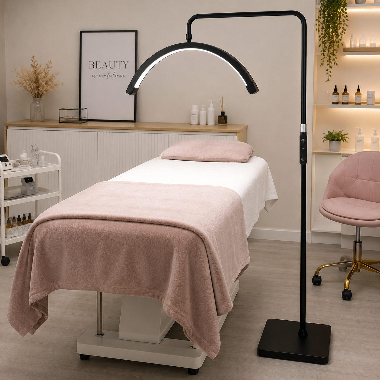 Lampe LED Demi-Lune sur Pied pour Esthéticienne – Éclairage Réglable Professionnel Lash & Beauté