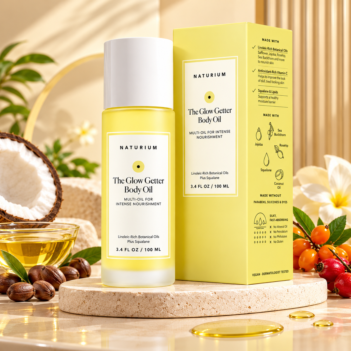 NATURIUM The Glow Getter Body Oil – Huile Corporelle Nourrissante Multi-Huiles au Squalane – Hydratation Intense & Éclat – 100 ml