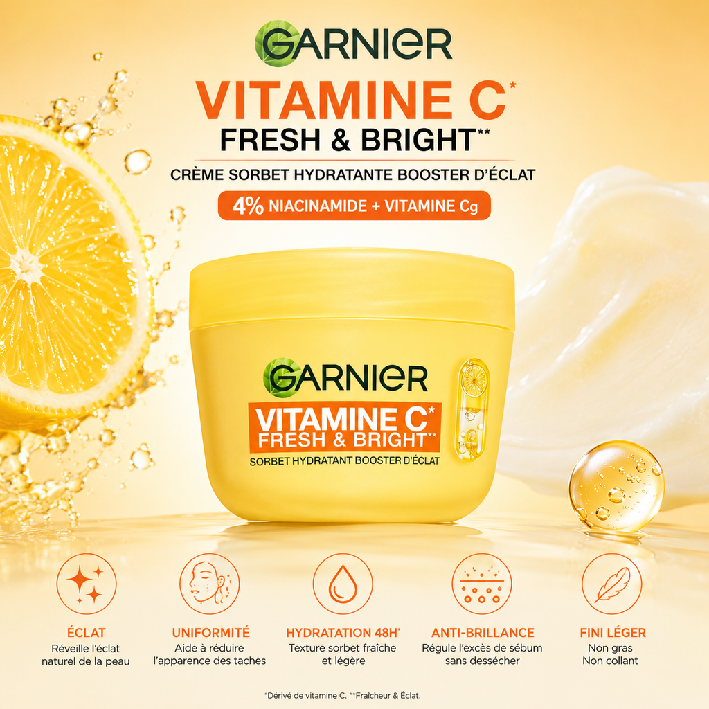 Garnier Vitamine C Fresh & Bright Crème Sorbet Hydratante Booster d’Éclat – 85 ml