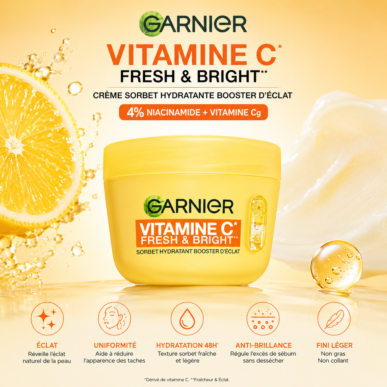 Garnier Vitamine C Fresh & Bright Crème Sorbet Hydratante Booster d’Éclat – 85 ml