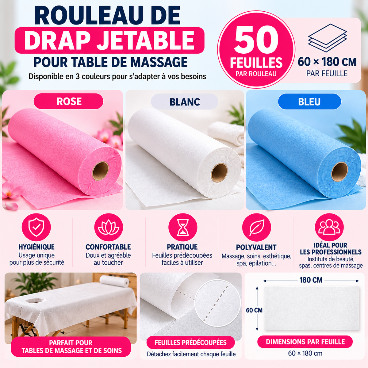 Rouleau Drap Jetable Table de Massage 50 Feuilles 60 x 180 cm - Rose Blanc Bleu
