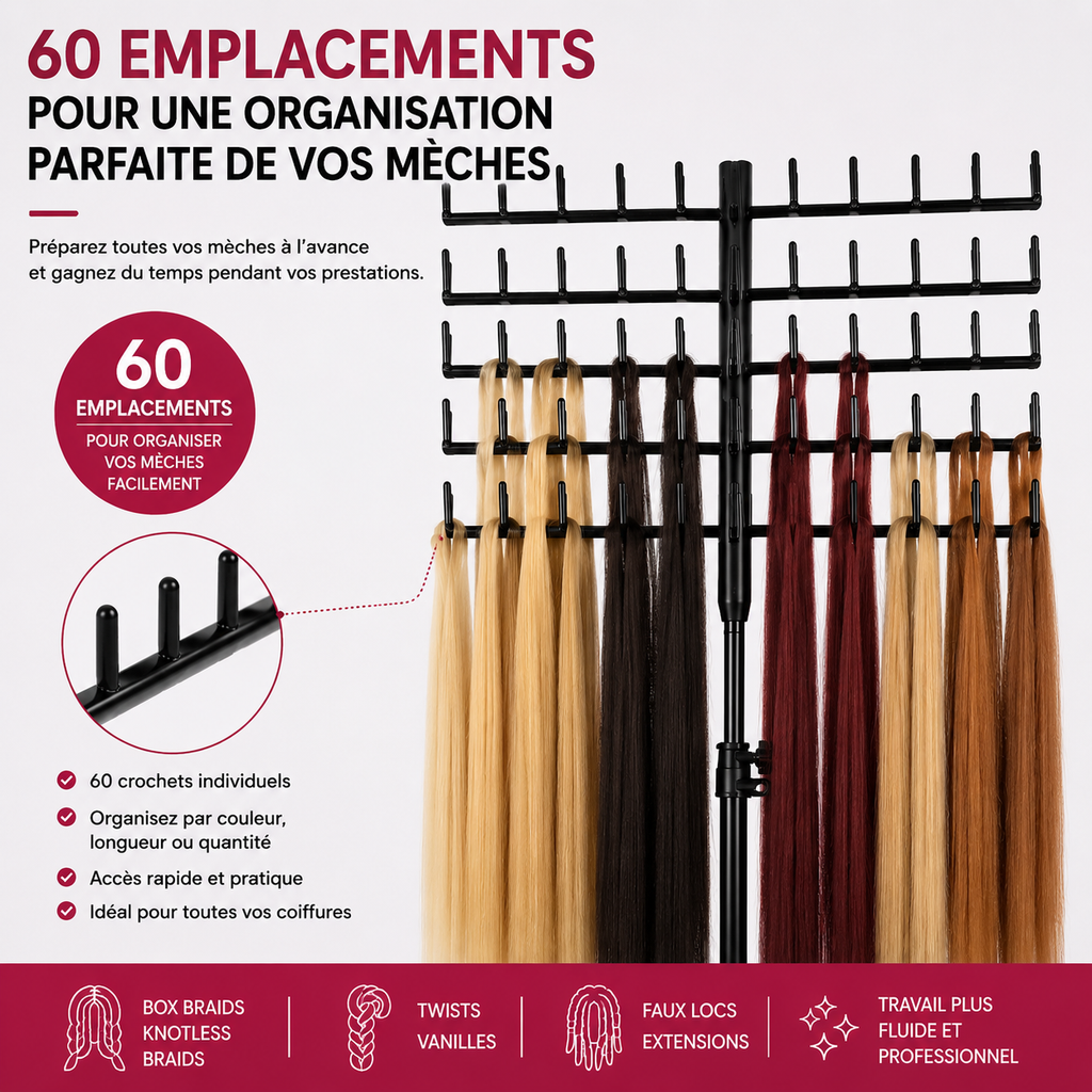 Support Professionnel Réglable pour Tresses et Extensions de Cheveux – Organisateur 60 Emplacements sur Trépied