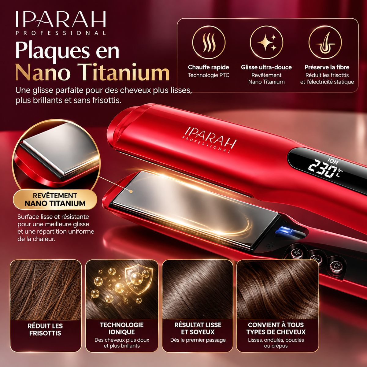 IPARAH Nano Titanium P-108 – Lisseur Professionnel à Plaques Larges 43 mm avec Écran Digital – Rouge