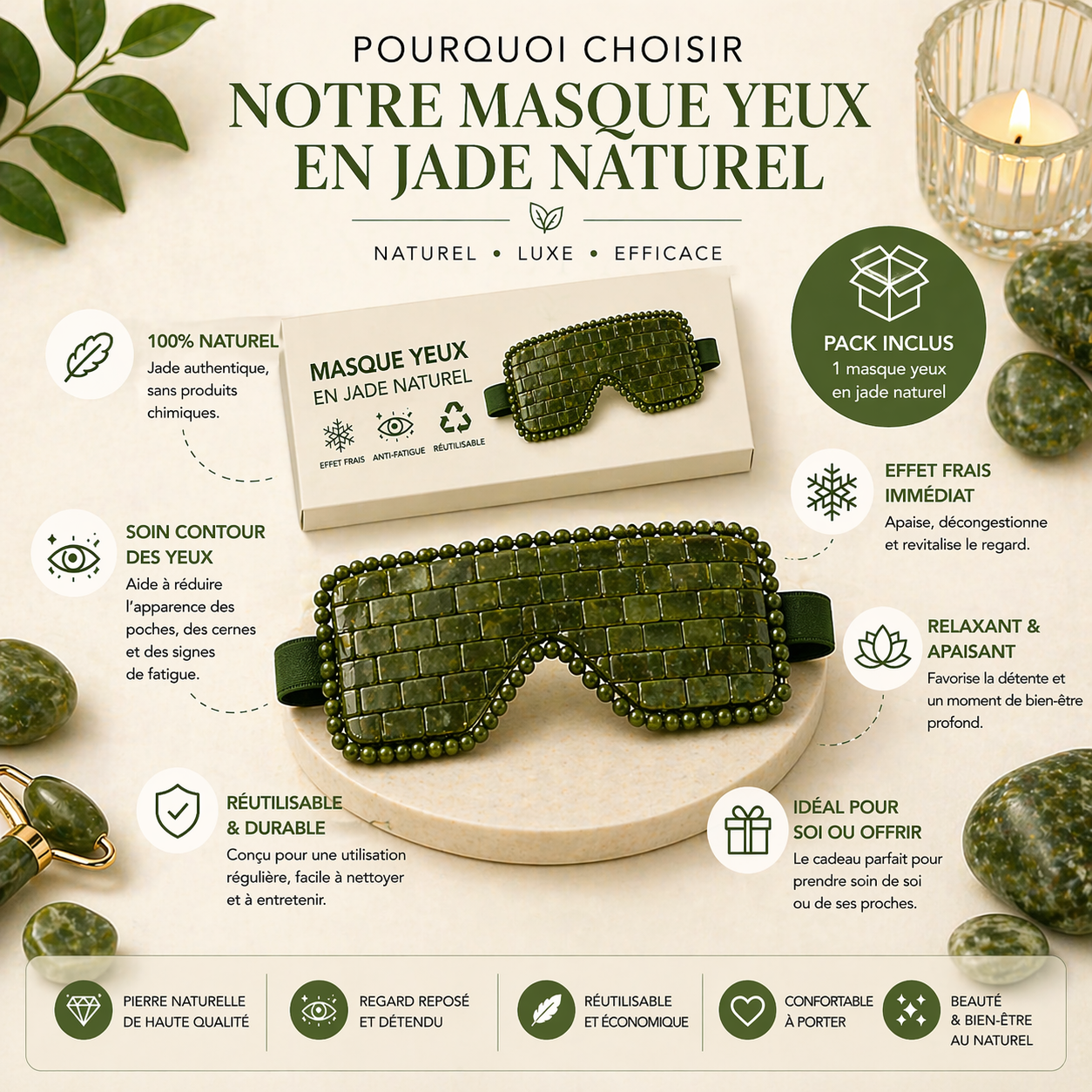 Masque Yeux en Jade Naturel – Rituel de Fraîcheur & Éclat du Regard
