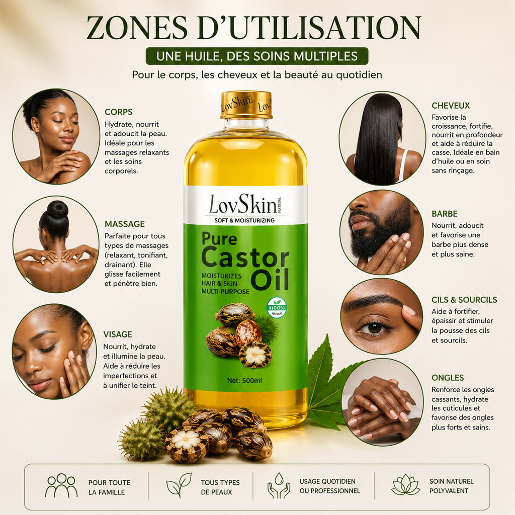 Huile De Ricin Pure LovSkin 500 ml – Huile De Massage Professionnelle Multi-Usages