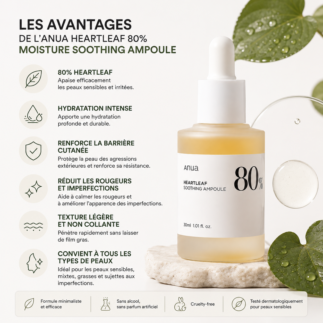 ANUA Heartleaf 80% Moisture Soothing Ampoule – Sérum Apaisant Hydratation Intense
