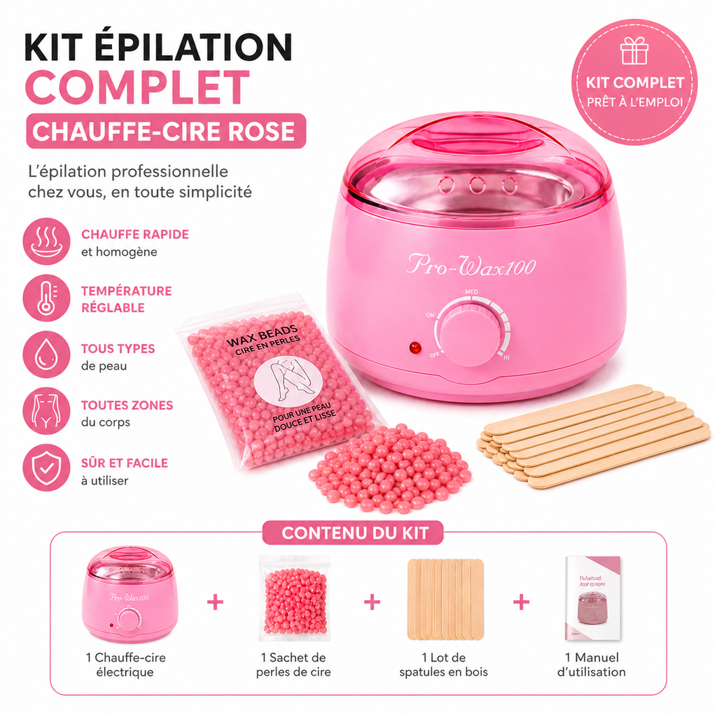 Kit Épilation Complet Chauffe-Cire – Appareil + Perles + Spatules (Rose)