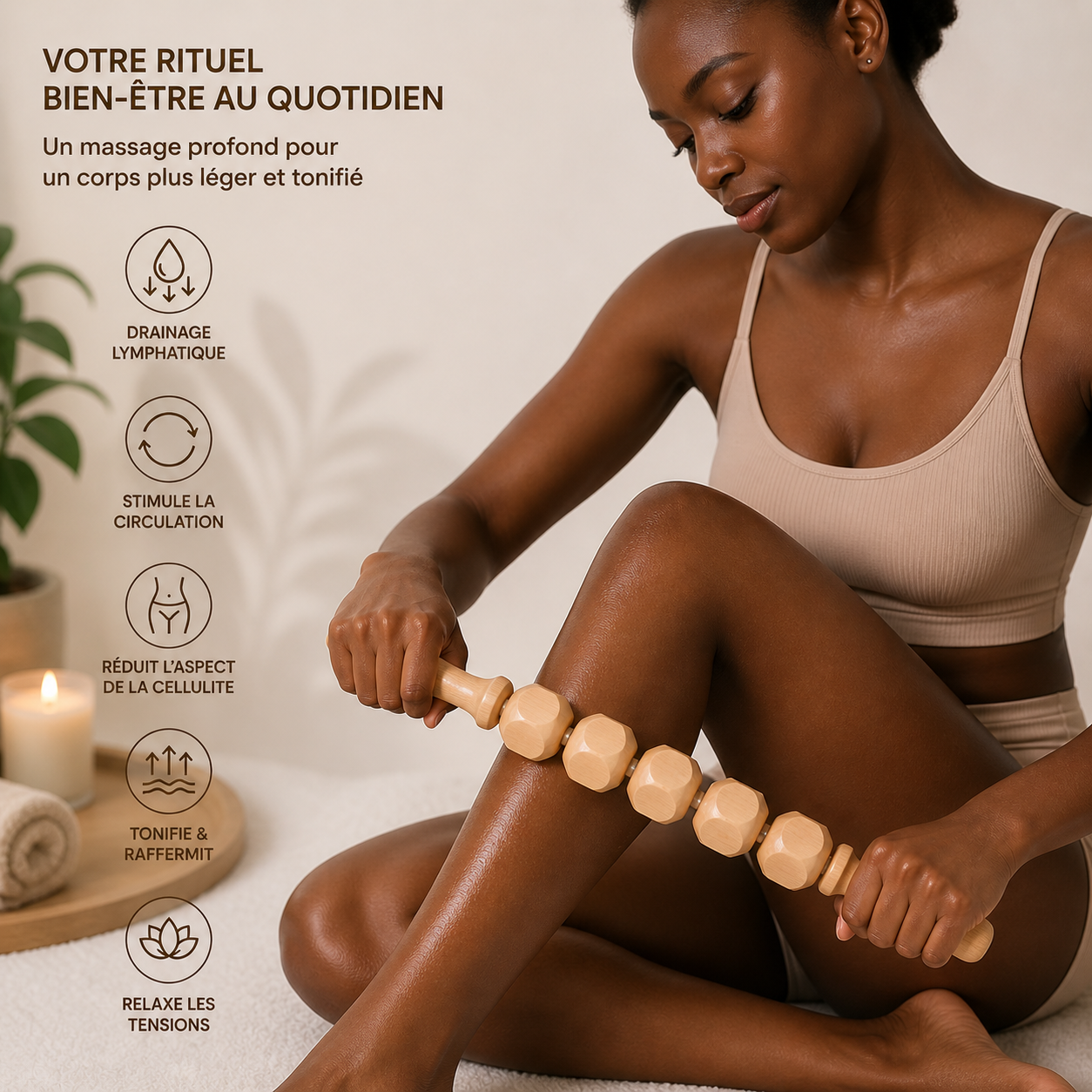 Rouleau de Massage Corps en Bois à Cubes – Drainage & Tonification Intense