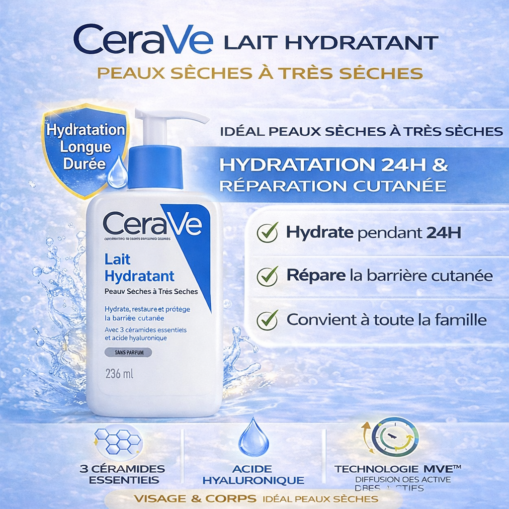 CeraVe Lait Hydratant Peaux Sèches à Très Sèches – Hydratation Longue Durée – Visage & Corps 236ml