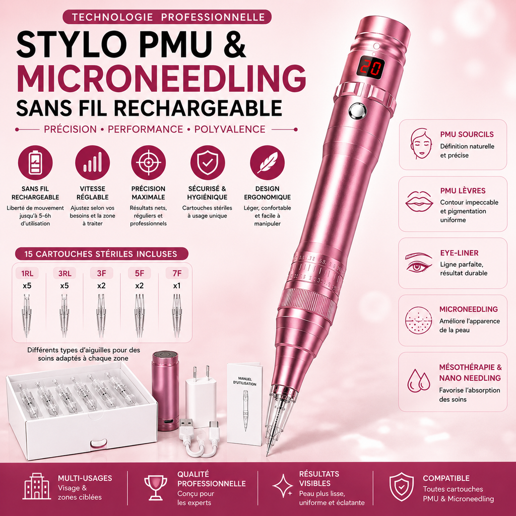 Stylo Dermographe PMU Professionnel Sans Fil Rechargeable – Microneedling, Sourcils, Lèvres & Maquillage Permanent