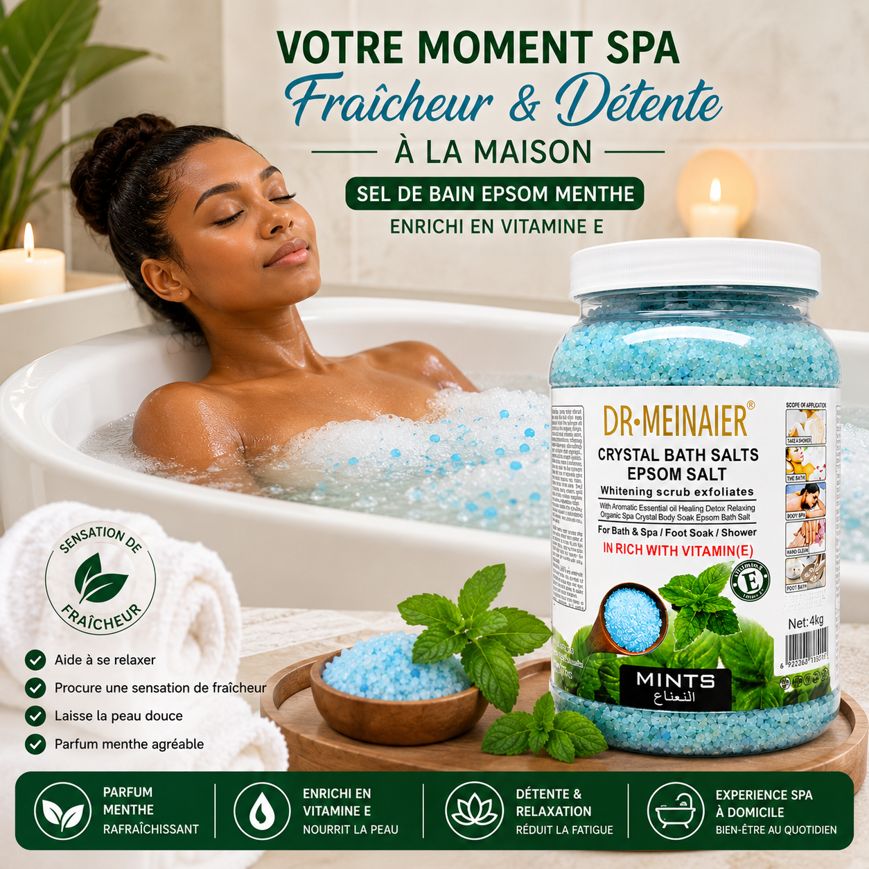 Sels De Bain Epsom Menthe 4KG – Bain Relaxant Rafraîchissant Corps, Mains & Pieds