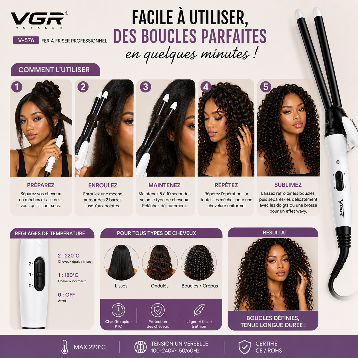 Fer à Friser & Boucler Professionnel VGR V-576 – Boucles Serrées Définies & Effet Wavy Longue Tenue