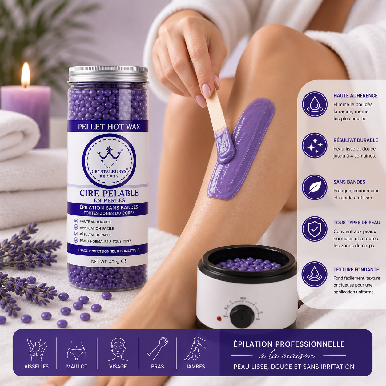 Cire Pelable en Perles Violettes – Épilation Sans Bandes Usage Professionnel