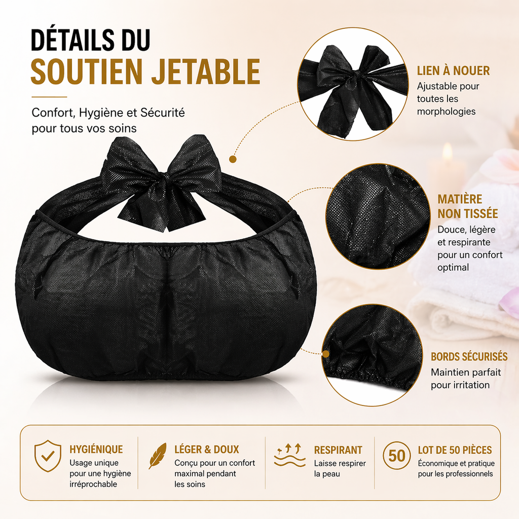 Lot de 50 Soutiens-Gorge Jetables Noir – Sous-vêtements SPA Hygiéniques pour Soins, Massage & Institut