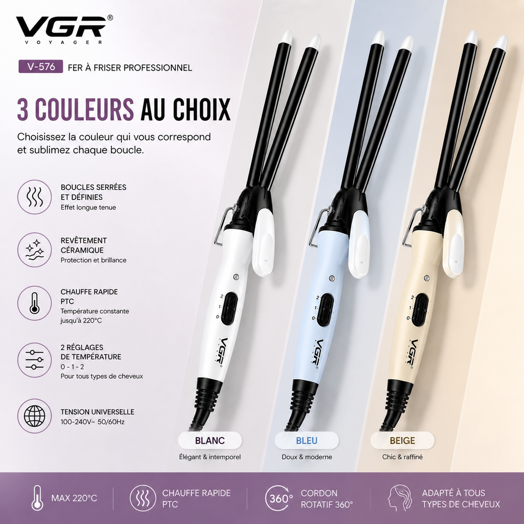 Fer à Friser & Boucler Professionnel VGR V-576 – Boucles Serrées Définies & Effet Wavy Longue Tenue