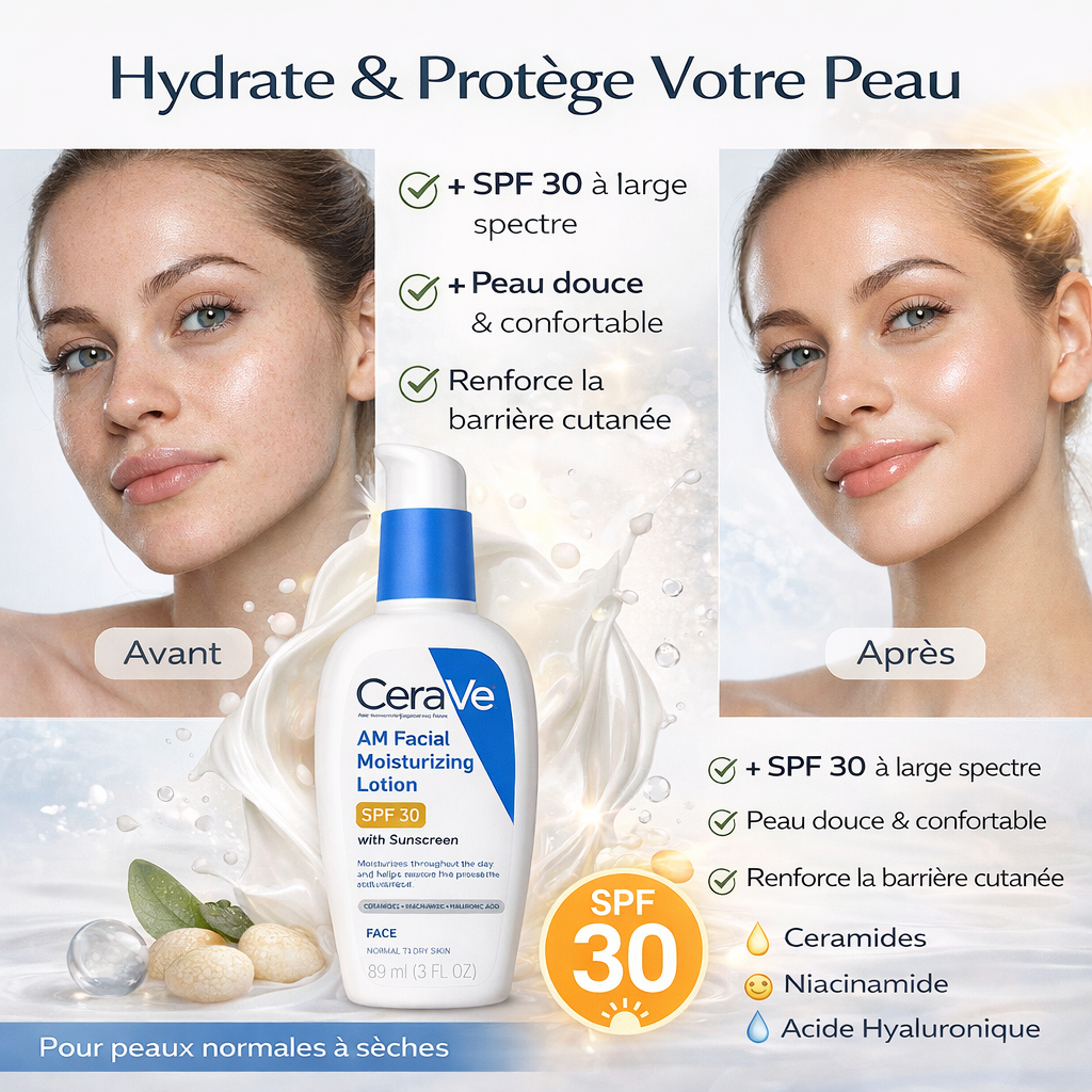 CeraVe AM Facial Moisturizing Lotion SPF 30 – Hydratant Visage avec Protection Solaire – 89ml