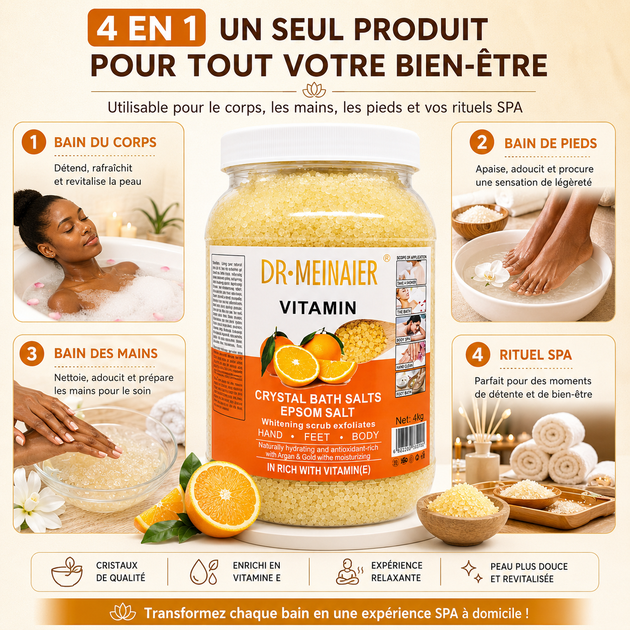 Sels De Bain Epsom Vitamine E 4KG – Bain Relaxant Corps, Mains & Pieds