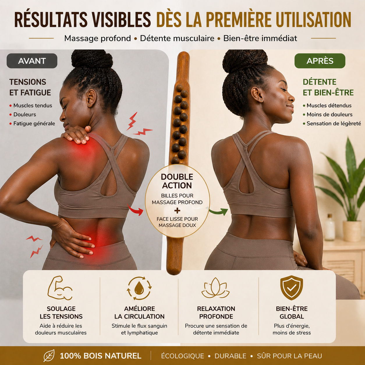Bâton de Massage en Bois à Billes – Relaxation Musculaire & Anti-Tensions Corps