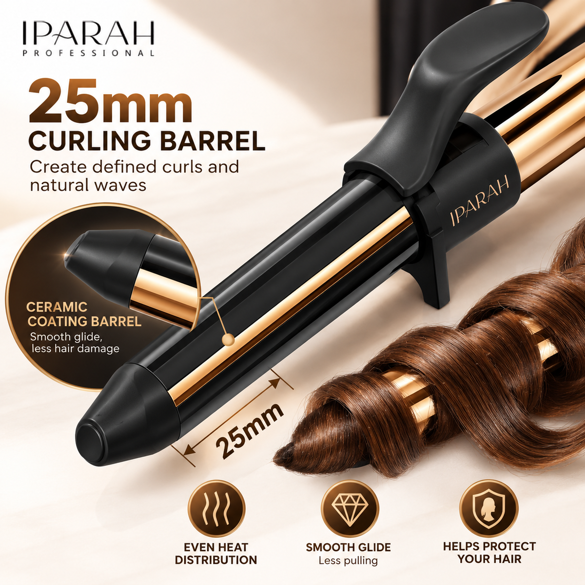 IPARAH P-210B – Fer à Boucler Professionnel 25 mm Ionique – Revêtement Céramique, Double Chauffe PTC, 65 W, Température Réglable 80–230 °C – Noir & Or