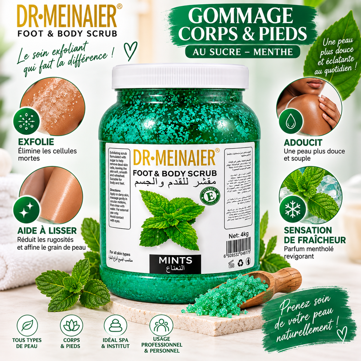DR.MEINAIER Gommage Corps & Pieds au Sucre Menthe 4 kg – Foot & Body Scrub Professionnel