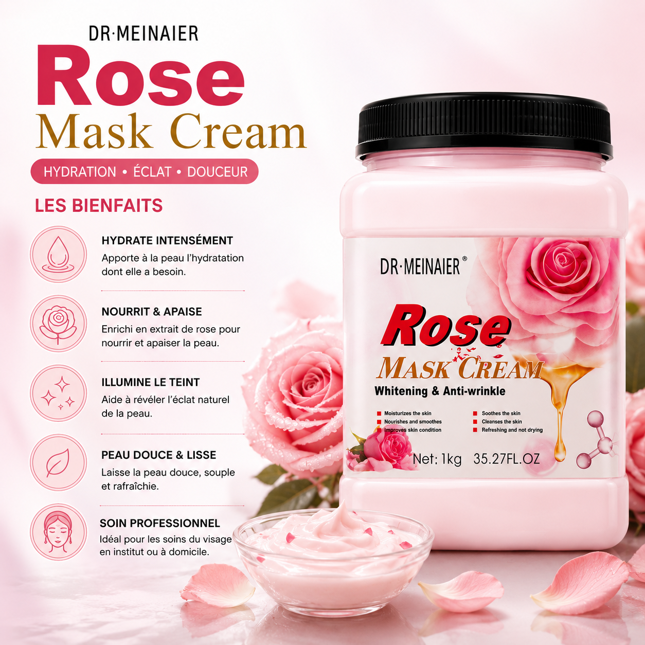 Dr.Meinaier Rose Mask Cream – Masque Visage Hydratant & Nourrissant à la Rose – 1 kg
