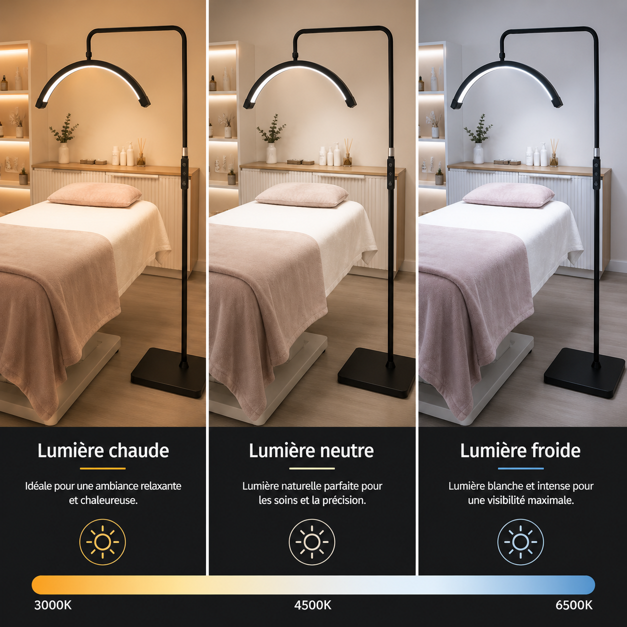 Lampe LED Demi-Lune sur Pied pour Esthéticienne – Éclairage Réglable Professionnel Lash & Beauté