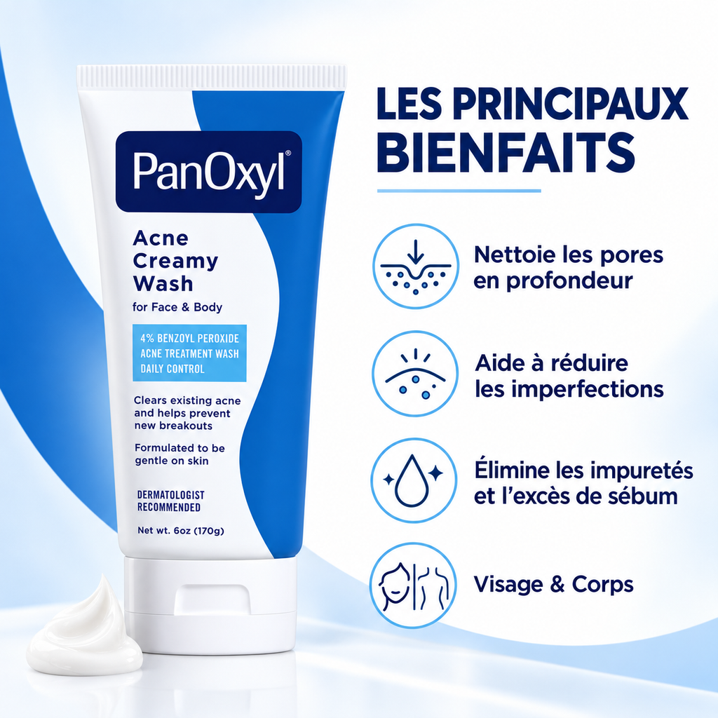 PanOxyl Acne Creamy Wash 4 % – Nettoyant Crémeux Anti-Imperfections Visage & Corps – 170 g