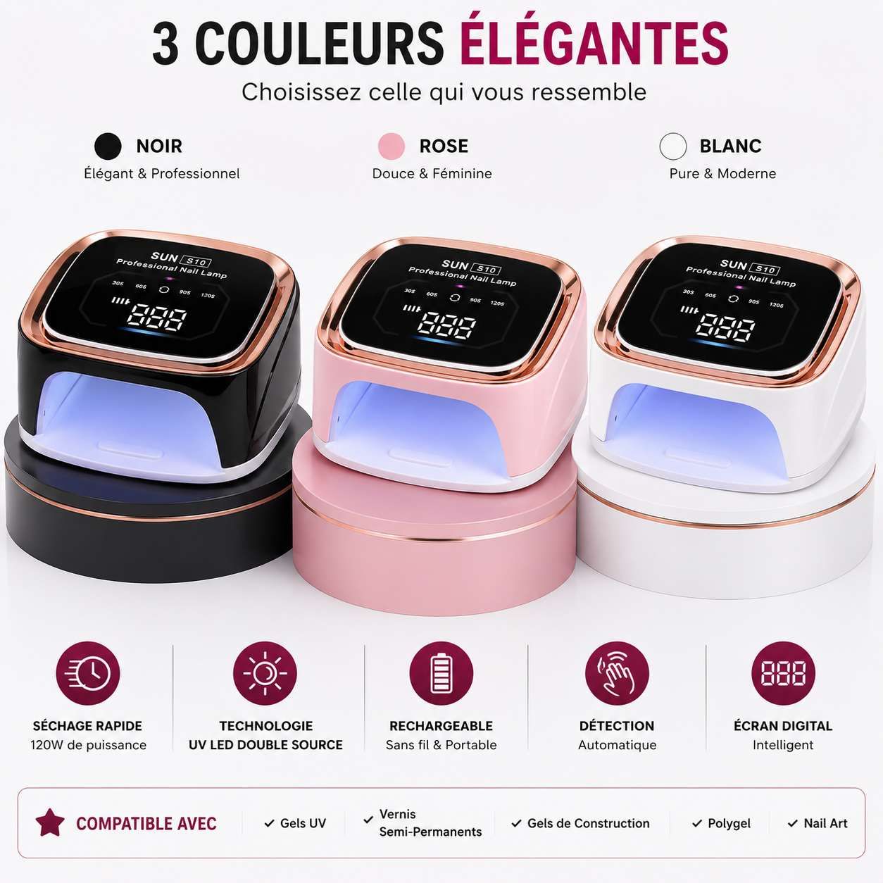 Lampe UV LED Professionnelle SUN S10 Rechargeable 120W – Séchage Rapide Gel UV, Vernis Semi-Permanent & Nail Art