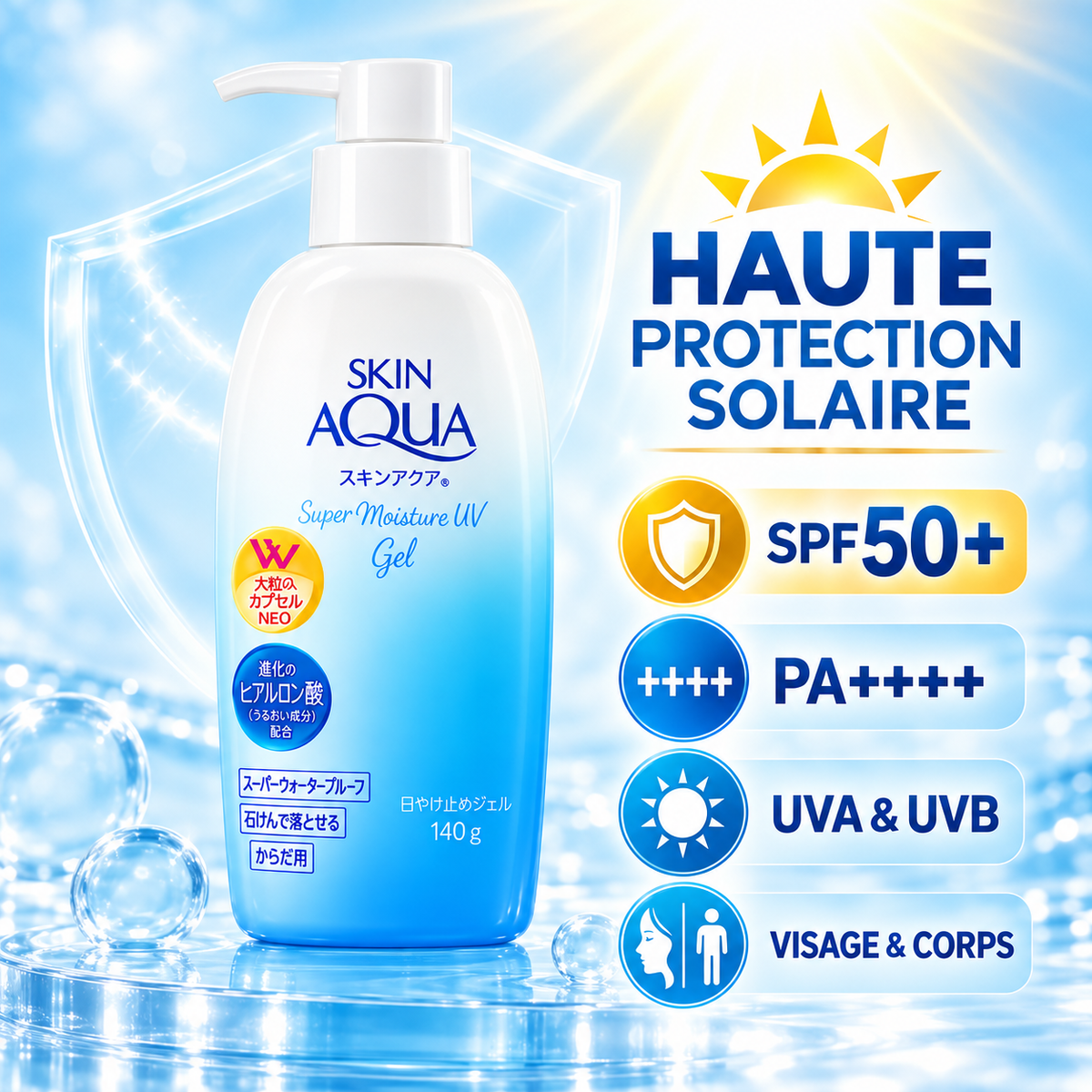 Skin Aqua Super Moisture UV Gel SPF50+ PA++++ – Gel Solaire Hydratant Visage & Corps 140 g