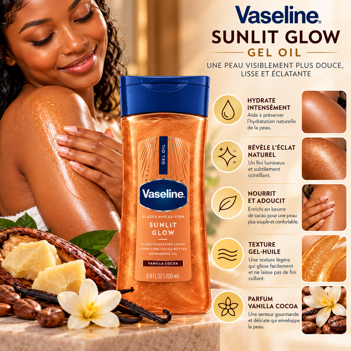 Vaseline Glazed & Glisten Sunlit Glow – Gel-Huile Corporel Hydratant au Beurre de Cacao – Vanilla Cocoa – 200 ml