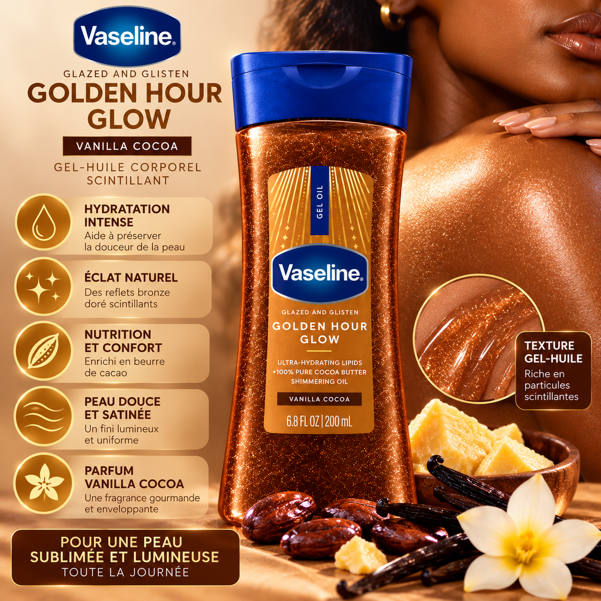 Vaseline Glazed & Glisten Golden Hour Glow – Gel-Huile Corporel Scintillant au Beurre de Cacao – Vanilla Cocoa – 200 ml
